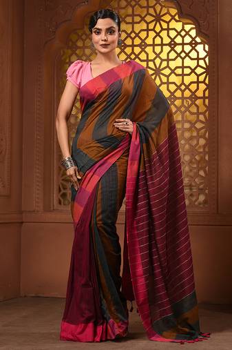 Multicolor cotton handwoven saree with stripe gheecha pallu