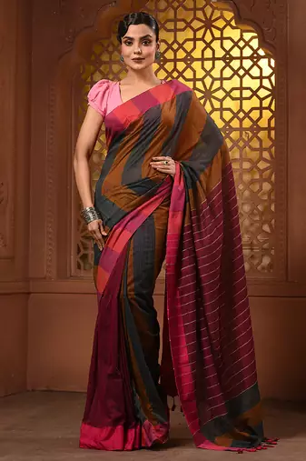 Multicolor cotton handwoven saree with stripe gheecha pallu