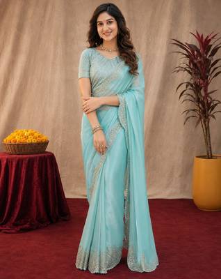 Sky blue soft shimmer chiffon embroidery work saree with unstitched blouse piece 1