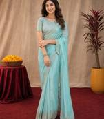 Sky blue soft shimmer chiffon embroidery work saree with unstitched blouse piece