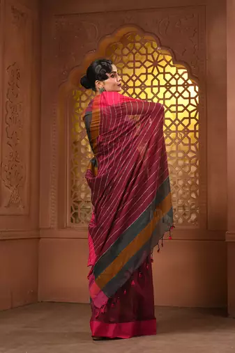 Multicolor cotton handwoven saree with stripe gheecha pallu