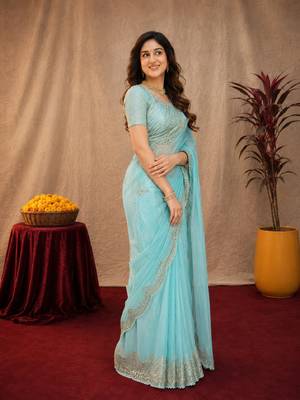 Sky blue soft shimmer chiffon embroidery work saree with unstitched blouse piece 2