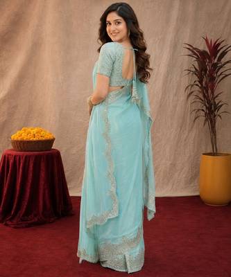 Sky blue soft shimmer chiffon embroidery work saree with unstitched blouse piece 3