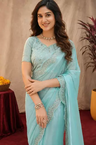 Sky blue soft shimmer chiffon embroidery work saree with unstitched blouse piece