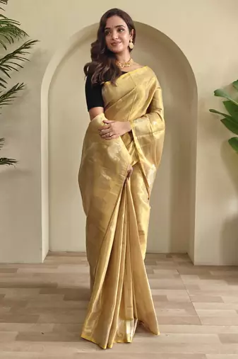 light golden coloer Zari All Over Pichwai Pattern Tilak Butti Motifs tissue saree