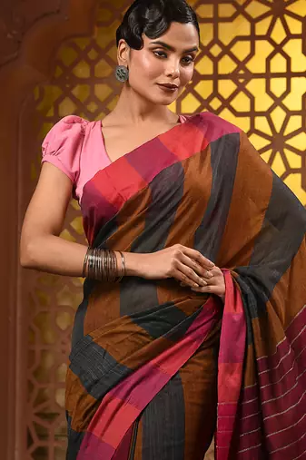 Multicolor cotton handwoven saree with stripe gheecha pallu