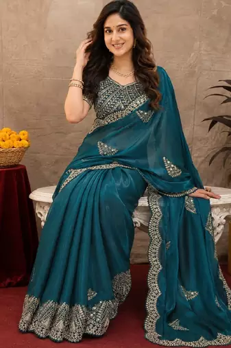 Rama soft shimmer chiffon embroidery work saree with unstitched blouse piece