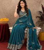 Rama soft shimmer chiffon embroidery work saree with unstitched blouse piece