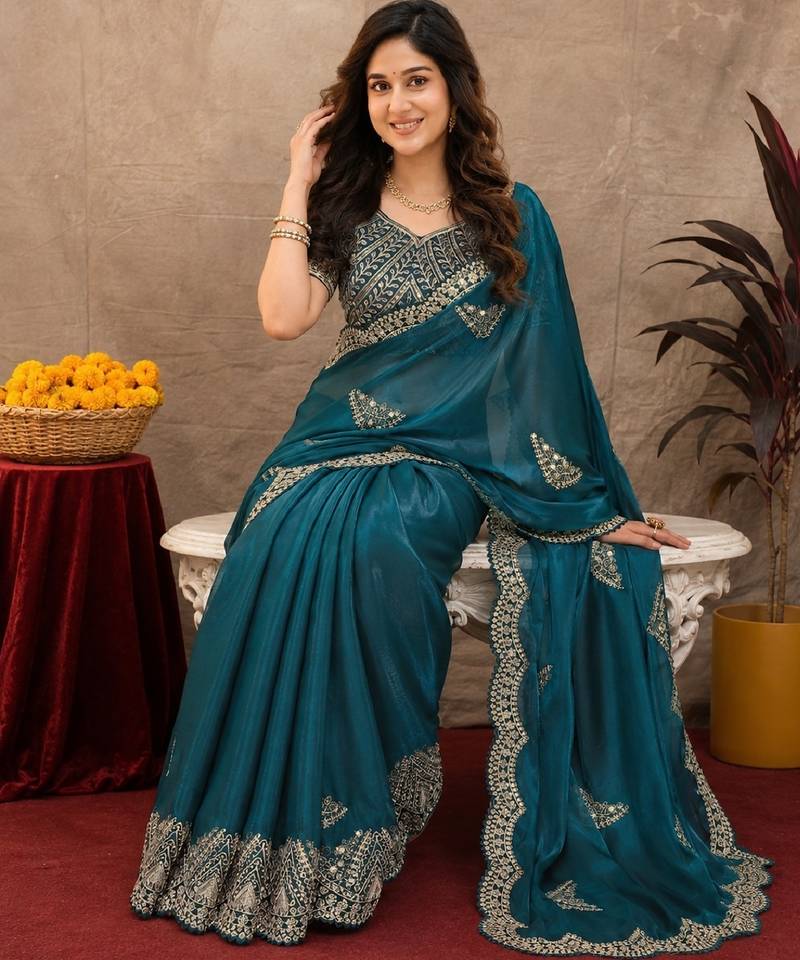 Rama soft shimmer chiffon embroidery work saree with unstitched blouse piece