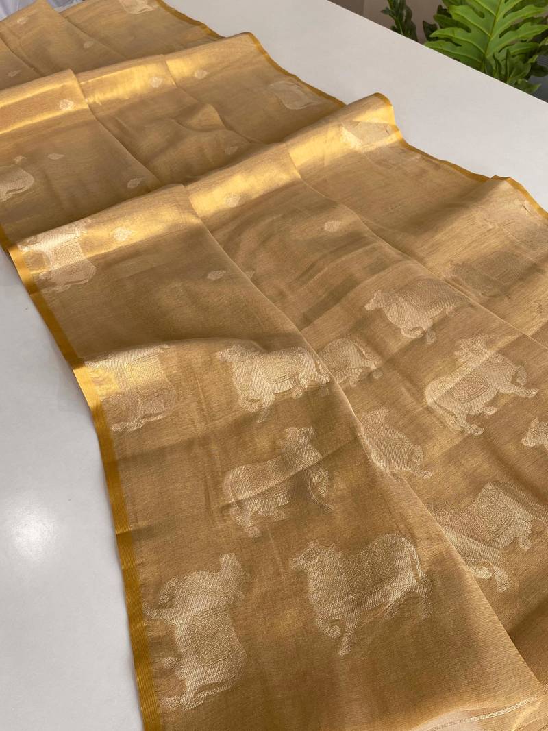 light golden coloer Zari All Over Pichwai Pattern Tilak Butti Motifs tissue saree