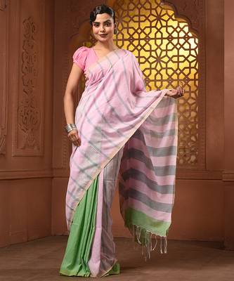 Baby pink and light green cotton handwoven half n half saree with stripe pattern 1