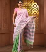 Baby pink and light green cotton handwoven half n half saree with stripe pattern
