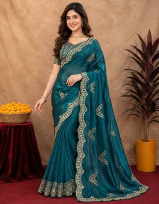 Rama soft shimmer chiffon embroidery work saree with unstitched blouse piece 2