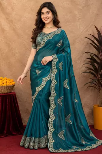 Rama soft shimmer chiffon embroidery work saree with unstitched blouse piece