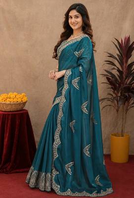 Rama soft shimmer chiffon embroidery work saree with unstitched blouse piece 3