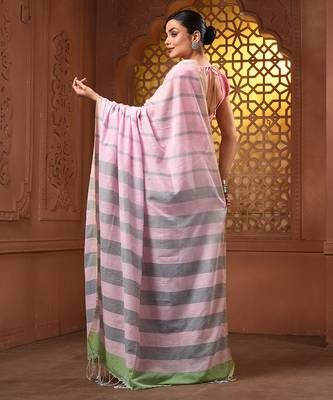 Baby pink and light green cotton handwoven half n half saree with stripe pattern 3