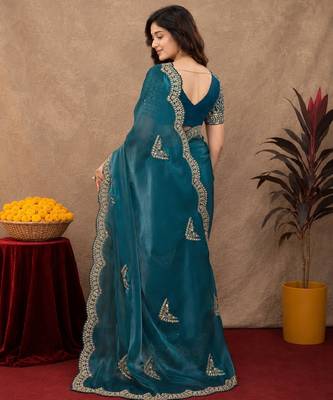 Rama soft shimmer chiffon embroidery work saree with unstitched blouse piece 4