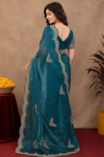 Rama soft shimmer chiffon embroidery work saree with unstitched blouse piece