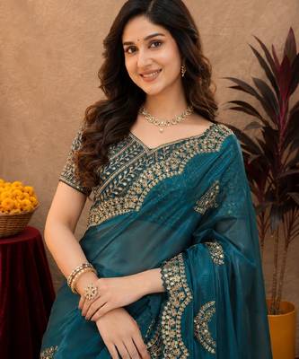 Rama soft shimmer chiffon embroidery work saree with unstitched blouse piece 5