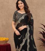 Black soft shimmer chiffon embroidery work saree with unstitched blouse piece