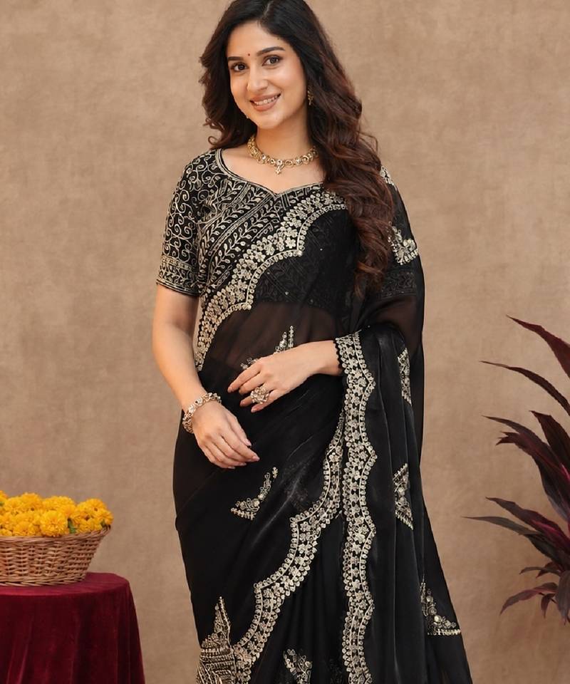 Black soft shimmer chiffon embroidery work saree with unstitched blouse piece