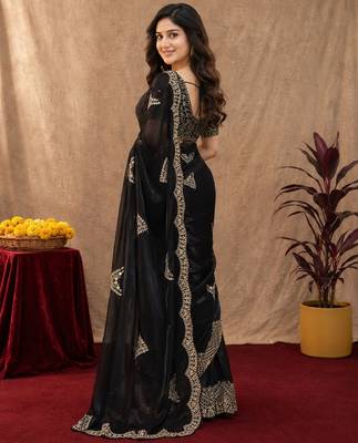 Black soft shimmer chiffon embroidery work saree with unstitched blouse piece 3