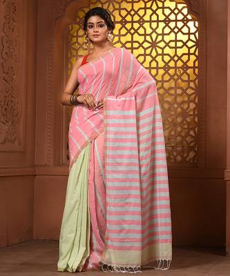 Flamingo pink and tea green cotton handwoven half n half saree with stripe pattern 1