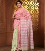Flamingo pink and tea green cotton handwoven half n half saree with stripe pattern