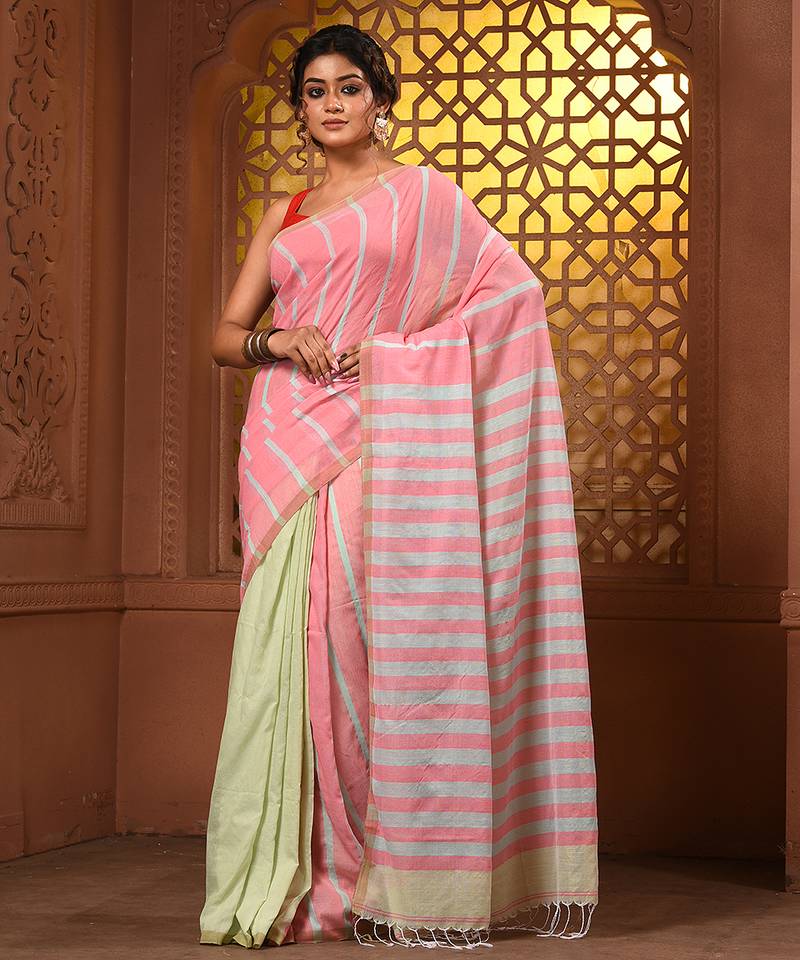 Flamingo pink and tea green cotton handwoven half n half saree with stripe pattern