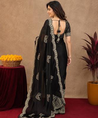 Black soft shimmer chiffon embroidery work saree with unstitched blouse piece 4