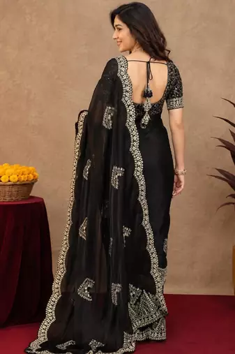 Black soft shimmer chiffon embroidery work saree with unstitched blouse piece