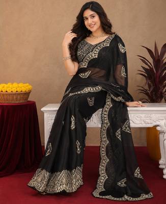 Black soft shimmer chiffon embroidery work saree with unstitched blouse piece 5