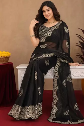 Black soft shimmer chiffon embroidery work saree with unstitched blouse piece