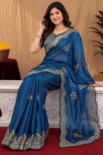 Royal blue soft shimmer chiffon embroidery work saree with unstitched blouse piece
