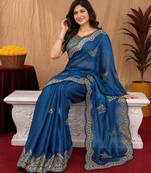 Royal blue soft shimmer chiffon embroidery work saree with unstitched blouse piece