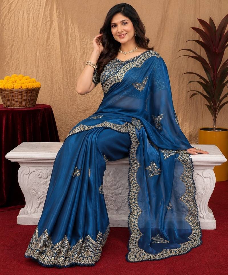 Royal blue soft shimmer chiffon embroidery work saree with unstitched blouse piece