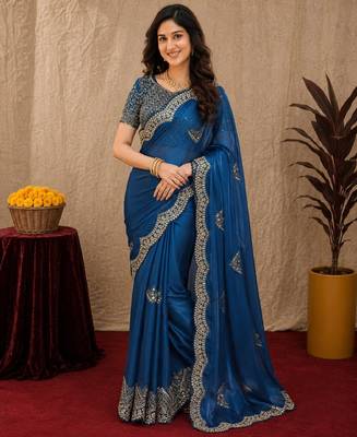 Royal blue soft shimmer chiffon embroidery work saree with unstitched blouse piece 2