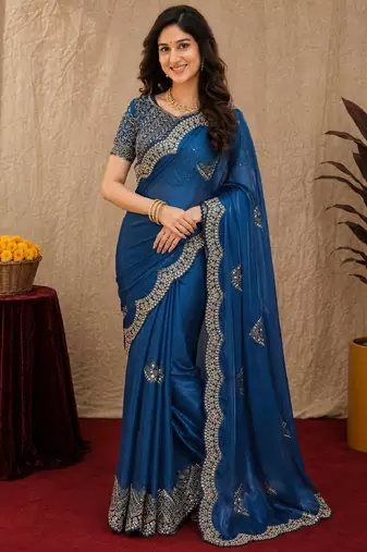 Royal blue soft shimmer chiffon embroidery work saree with unstitched blouse piece