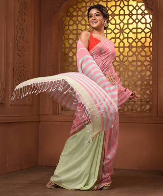 Flamingo pink and tea green cotton handwoven half n half saree with stripe pattern 5