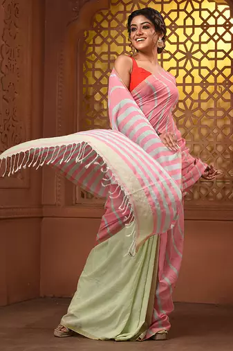 Flamingo pink and tea green cotton handwoven half n half saree with stripe pattern