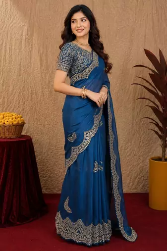 Royal blue soft shimmer chiffon embroidery work saree with unstitched blouse piece