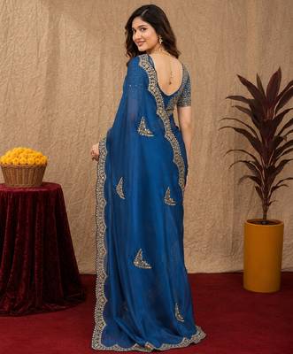 Royal blue soft shimmer chiffon embroidery work saree with unstitched blouse piece 4