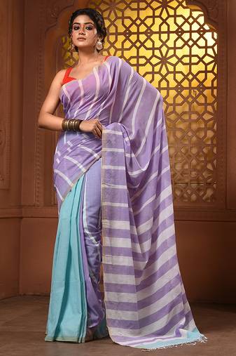 Violet and mint green cotton handwoven half n half saree with stripe pattern