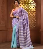 Violet and mint green cotton handwoven half n half saree with stripe pattern