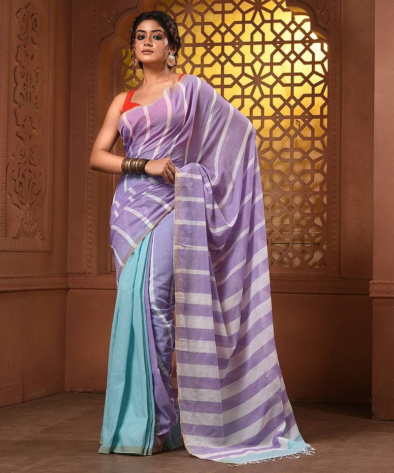 Violet and mint green cotton handwoven half n half saree with stripe pattern