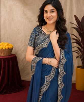 Royal blue soft shimmer chiffon embroidery work saree with unstitched blouse piece 5