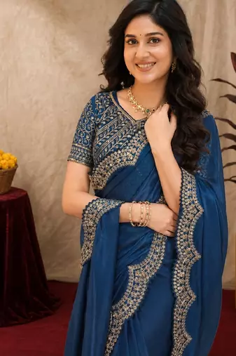 Royal blue soft shimmer chiffon embroidery work saree with unstitched blouse piece