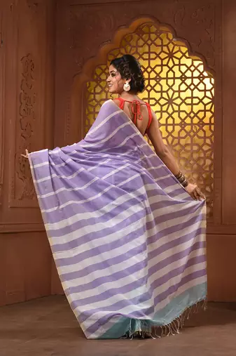Violet and mint green cotton handwoven half n half saree with stripe pattern