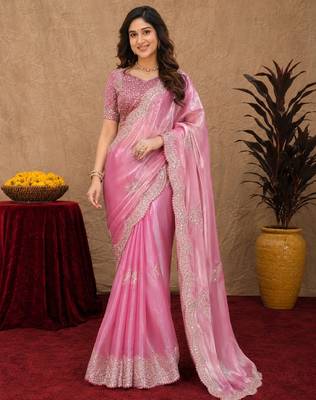 Baby pink soft shimmer chiffon embroidery work saree with unstitched blouse piece 1