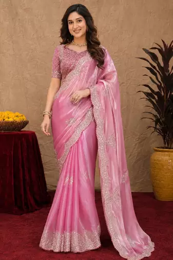Baby pink soft shimmer chiffon embroidery work saree with unstitched blouse piece